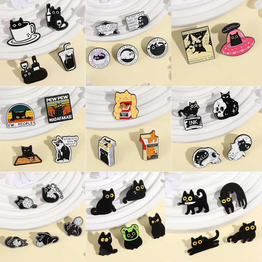 

2-5 Pcs Cute Cat Brooch Set Wine Bottle Spaceship Rainbow Cigarette Skull Dice Game Black Cat Badge Jewelry Gift For Friend Kid