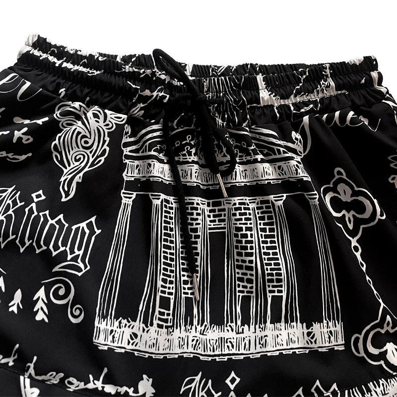Pantalones Harem de estilo bohemio para hombre con entrepierna caída y estampado en blanco y negro con cordón para correr, ropa informal de calle para hombre