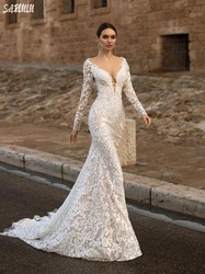 Romantic Deep V-neck Wedding Dress Appliques Lace Mermaid Bride Robe Graceful Floor-length Bridal Dresses Vestidos De Novia