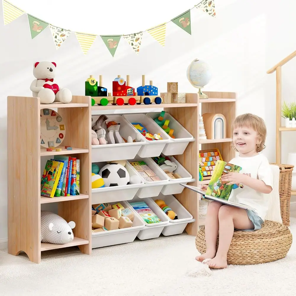 منظم تخزين ألعاب الأطفال من الخشب الصلب مكون من 4 طبقات مع 9 صناديق و6 منافذ #2