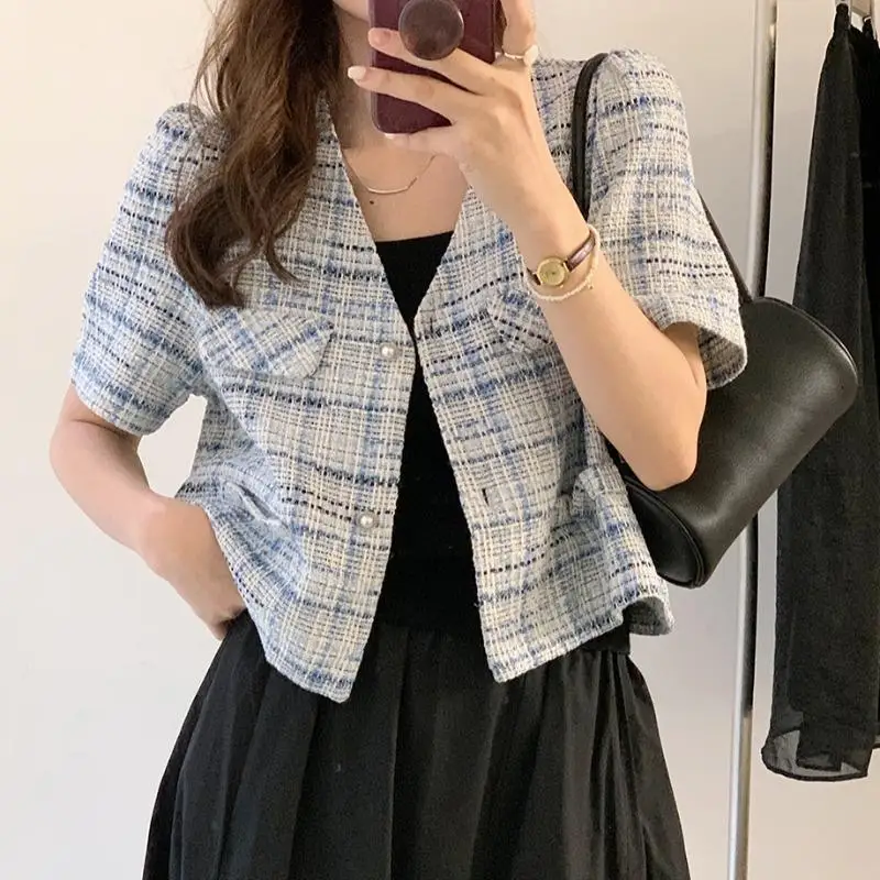 

Summer Fragrant Style Short Coat Short Sleeve V-Neck Women's New Chic Retro Jackets