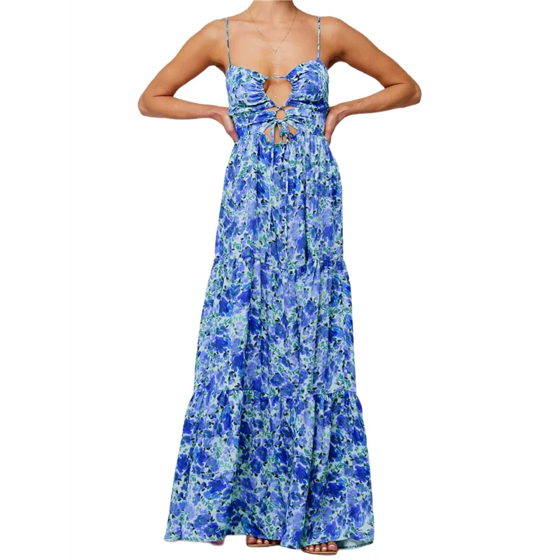 Sukienka maxi damska ABRT - letnia, kwiatowa, na ramiączkach spaghetti, z wycięciami, wiązana z przodu, zwiewna, marszczona, w stylu bohemy.