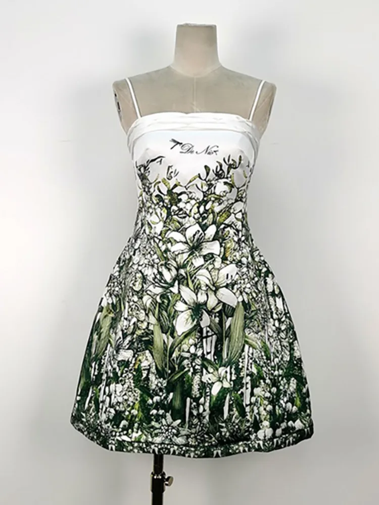 LISM Modisches Damen-Druckkleid, Brustumhüllung, rückenfrei, grüne Blume, Taille, Rückzug, kurze, elegante Partykleider, 2024, Neu