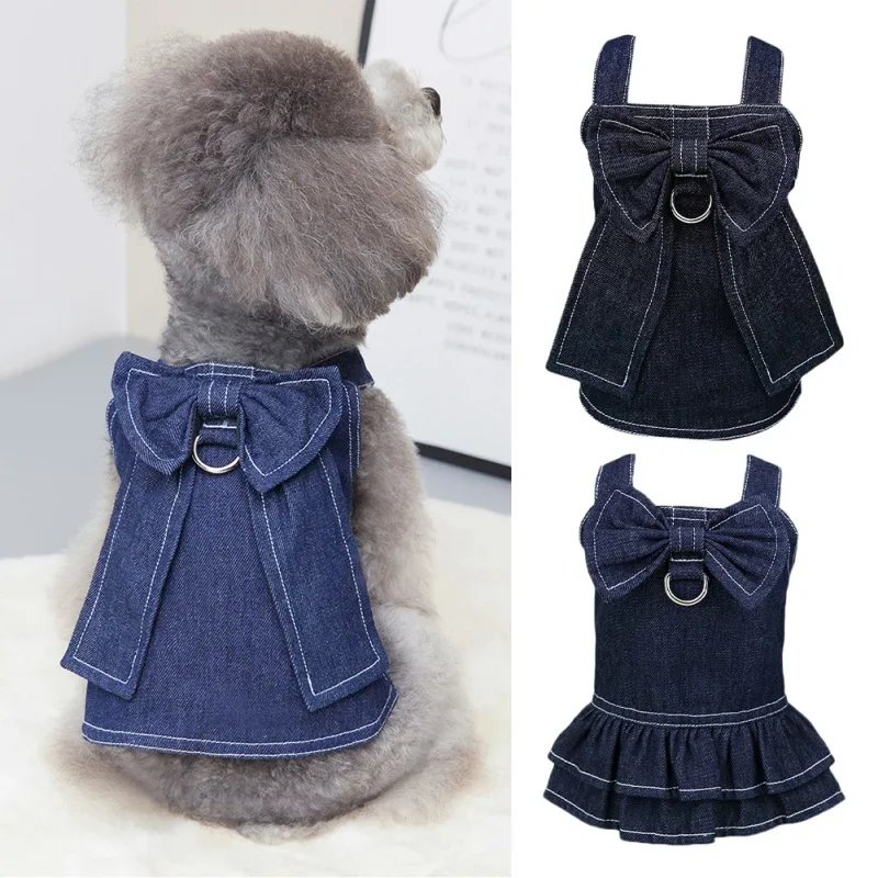 Pet Clothes Small Dog Dress Bowknot Cute Denim Skirt Dog Leas Leash Harness Coat Pretty Vest Chihuahua Yorkshire #