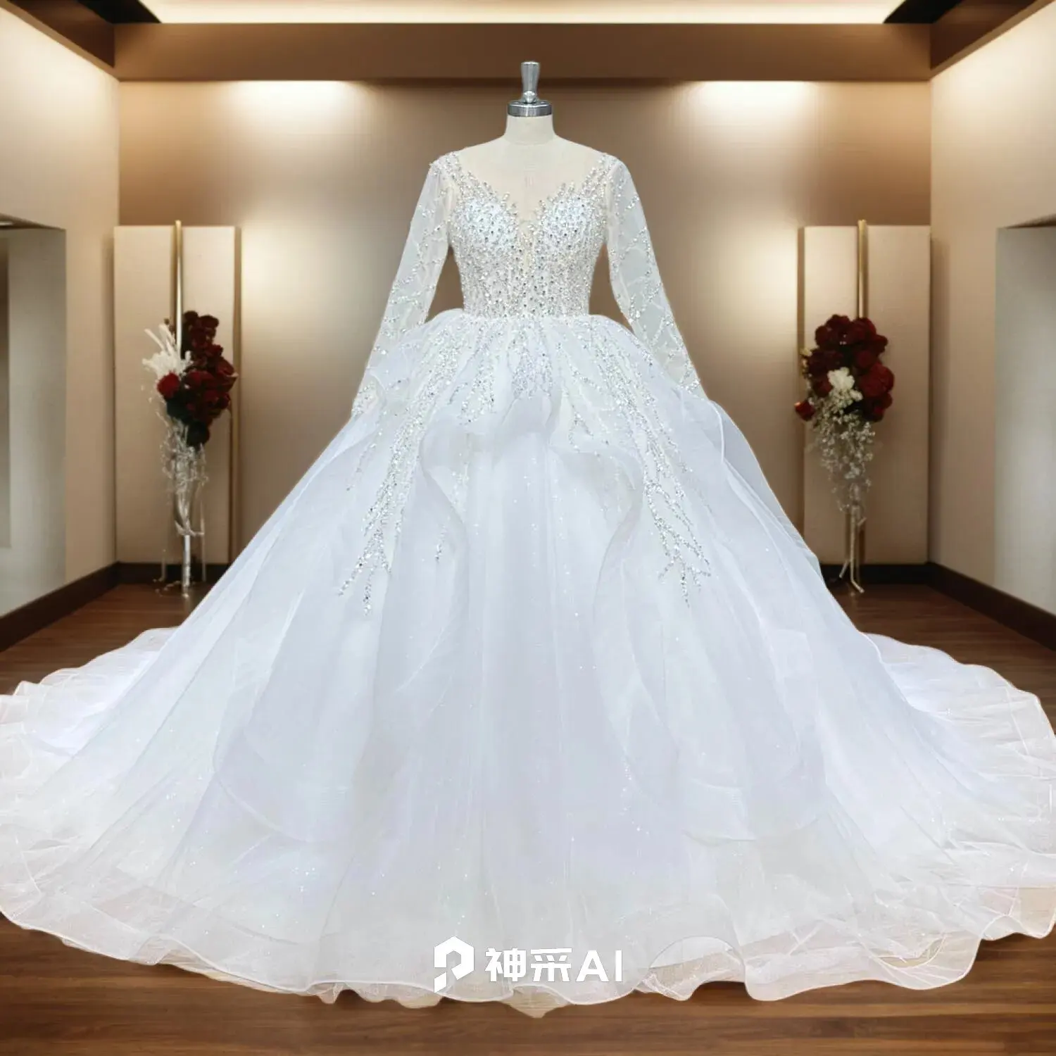 

Hire Lnyer Long Sleeve Sprarkly Beads Pearls Crystal Sequins Shiny Gorgeous Ball Gown Wedding Dresses With 150cm Chapel Train