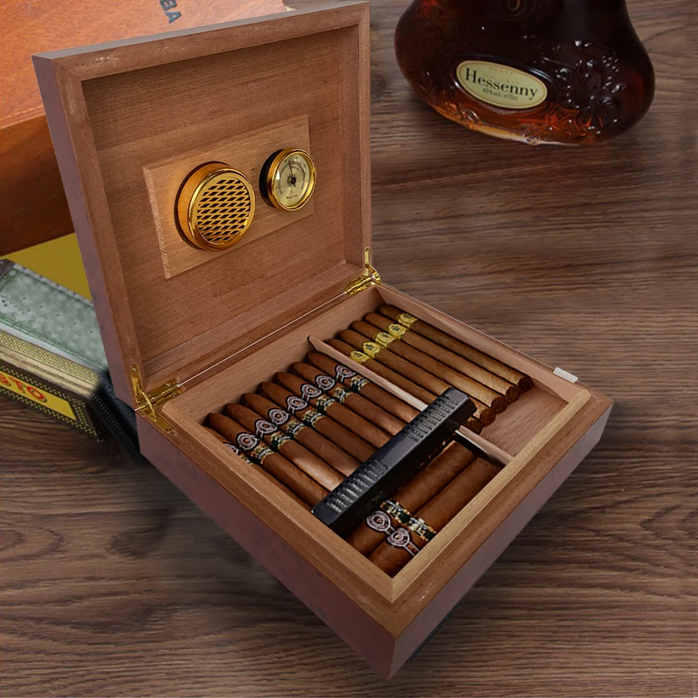 Cigar Humidor, Glass Top Cigar Box with Hygrometer Humidifier and Divider, Desktop Cedar Wood Storage Case Holds 15-20 Cigars