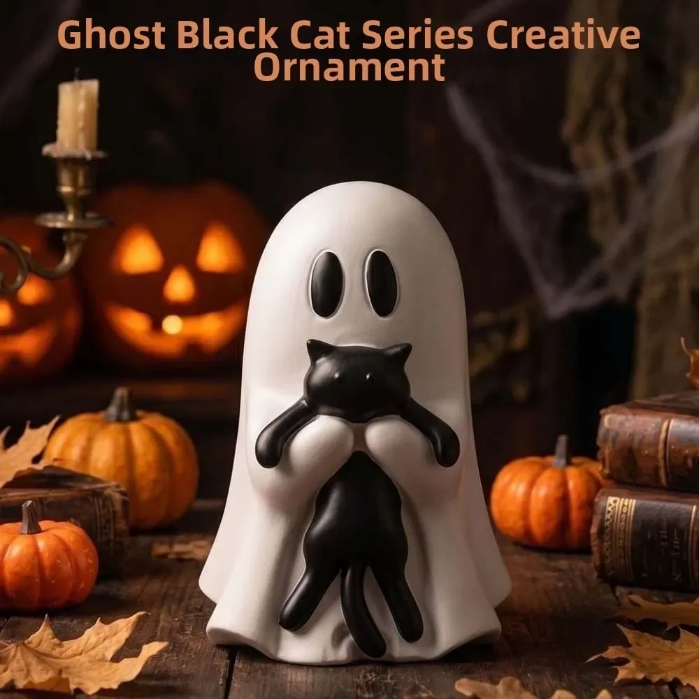 Resin Crafted Ghost Cat Ornament Cute Style Smooth Surface Spooky Ghost Statue Durable Compact Size Halloween Table Decor