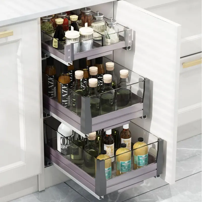 Kitchen cabinets push-pull three-layer drawer rack flat basket