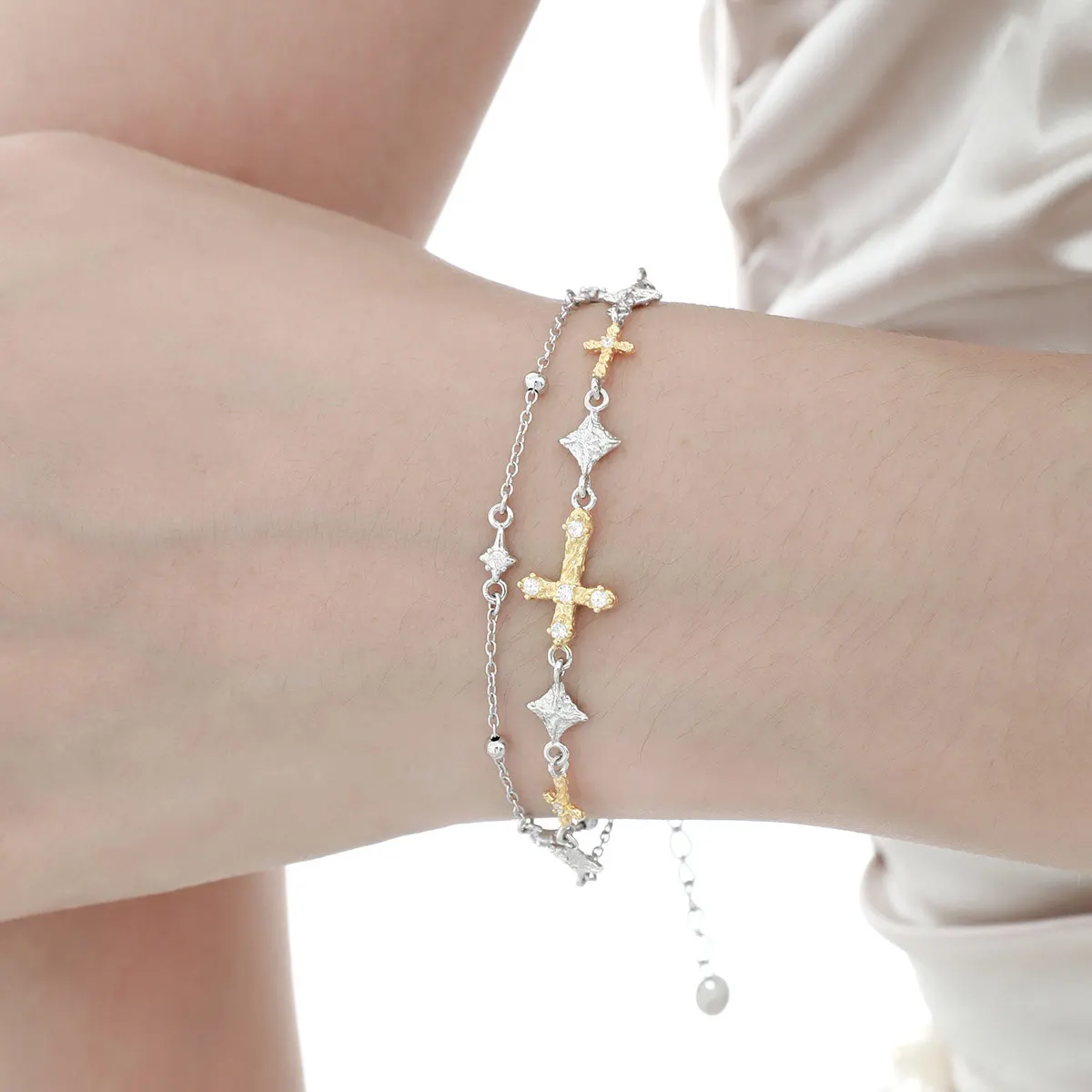 F.I.N.S Original Cross Star S925 Sterling Silver Bracelet Double Color Separation Layered Hand Fashion Fine Jewelry Accessories