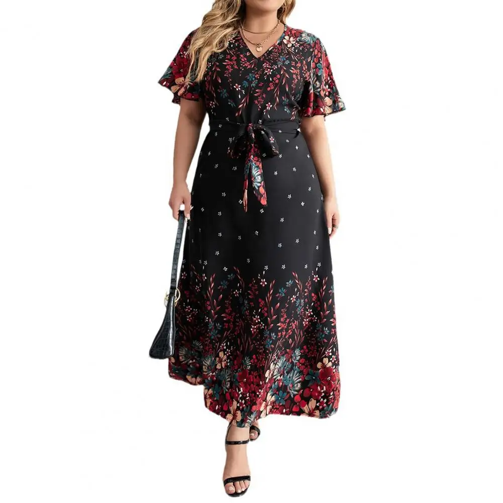 Vestido de talla grande con estampado Floral para mujer, maxivestido de línea a con cinturón con cordones, cuello en V, talla grande hasta el tobillo, fiesta de graduación