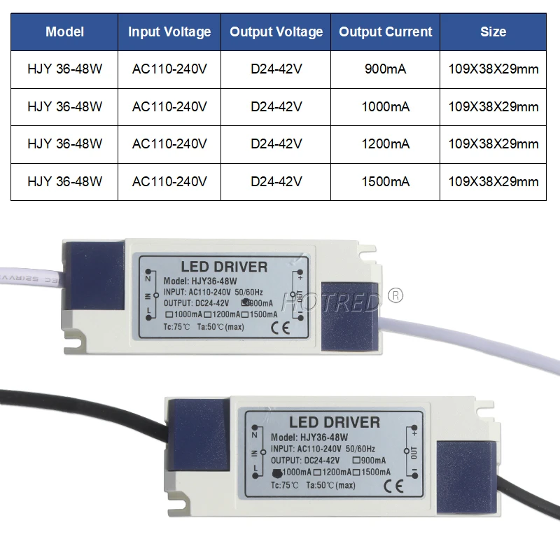 LED 드라이버 전원 공급 장치, 광 변압기 출력 DC24-42V, 외부 드라이버 DC 커넥터, 36W, 40W, 45W, 48W, 50W, 900mA, 1200mA, 1500mA