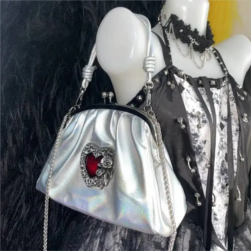 Bloom Retro Laser Heart Niche Design Handbag Women Chain Pleated Petite Shoulder Ladies Y2k Aesthetics Crossbody Bag Purse