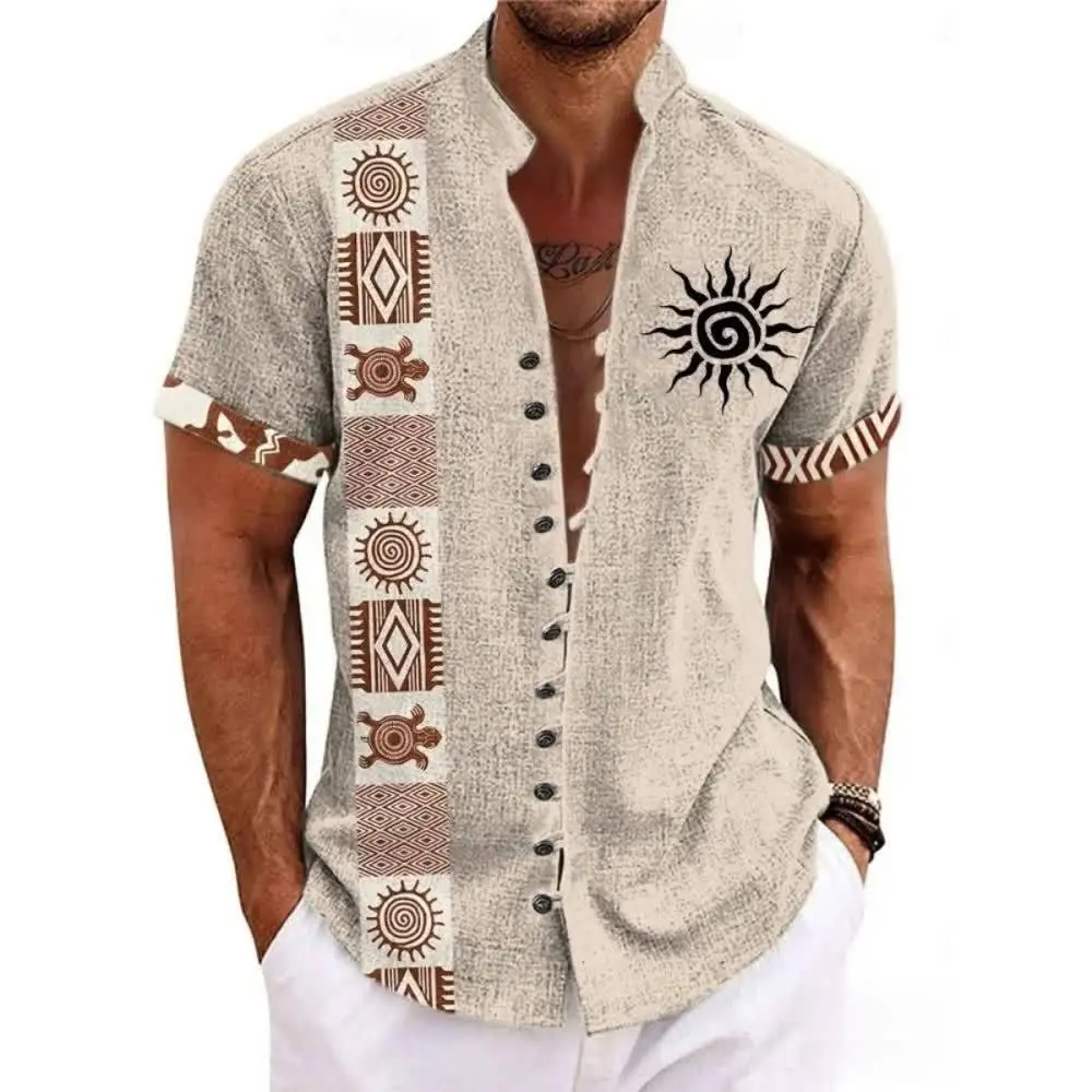 

2025 new men's linen short sleeved shirt, fashionable, retro style, ethnic totem print, comfortable and breathable, men's button