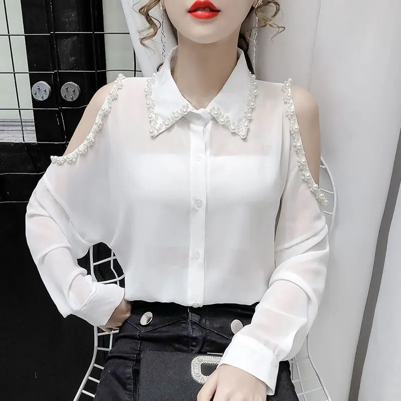 Sexy Off Shoulder Sheer Elegant Chic Beaded Black White Button Up Shirt Fashion Korean Long Sleeve Loose Top Blouse Women Blusas