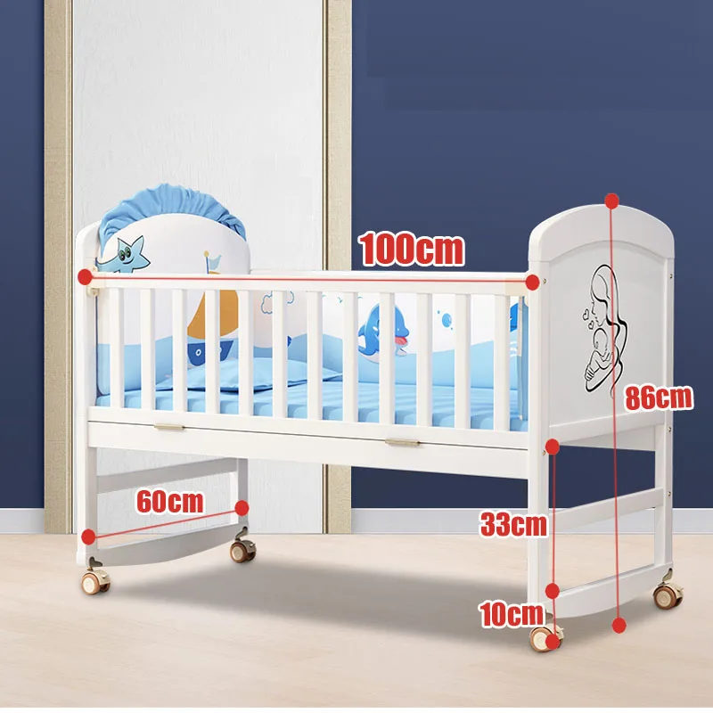 Culla in legno bianco da 1M con zanzariera, Set biancheria da letto, culla, letto, materasso a dondolo culla per bambini