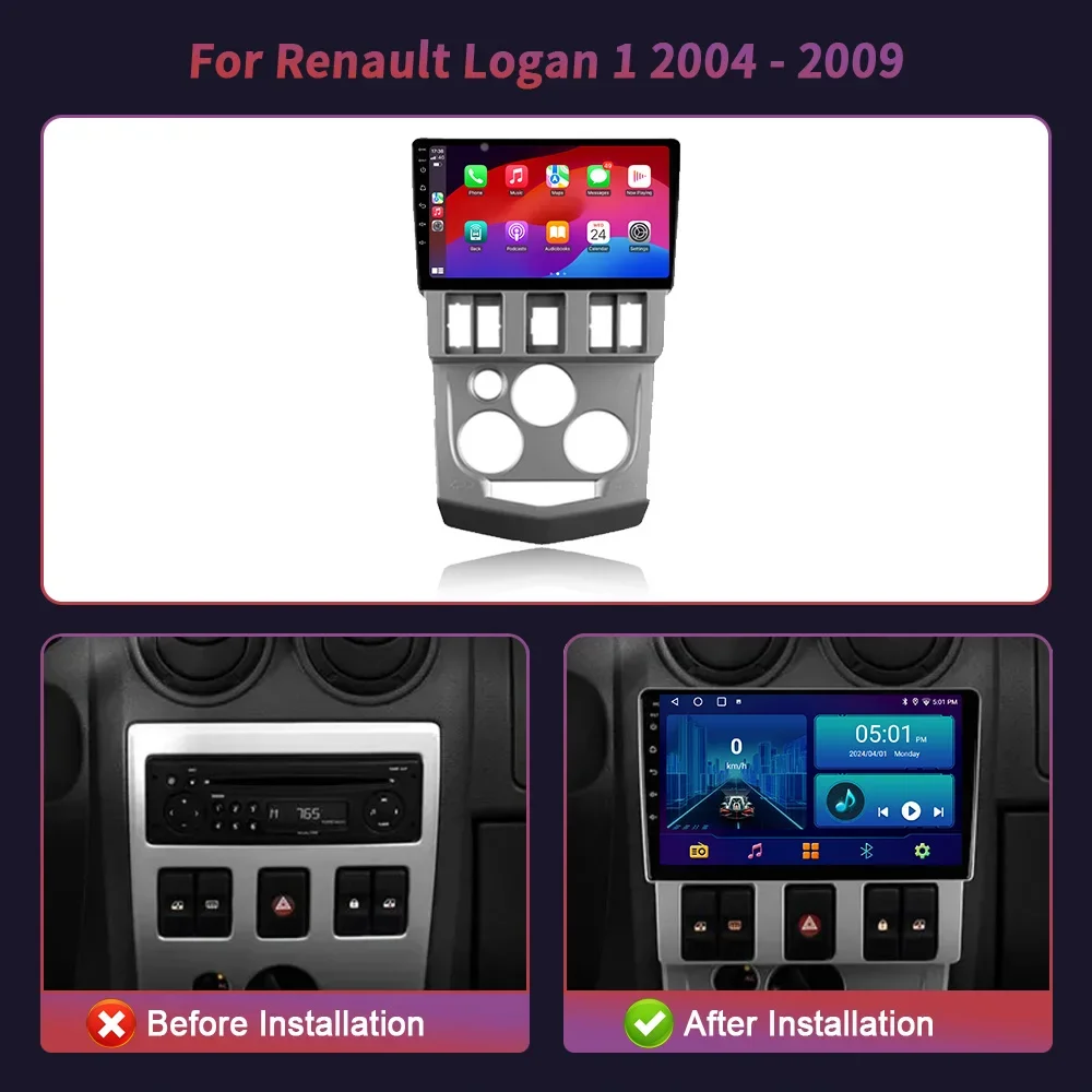 Car Radio For Renault Logan 1 2004 - 2009 Android14 Auto Carplay GPS Navigation Multimedia Player 4G BT Rear Camera No 2 din DVD