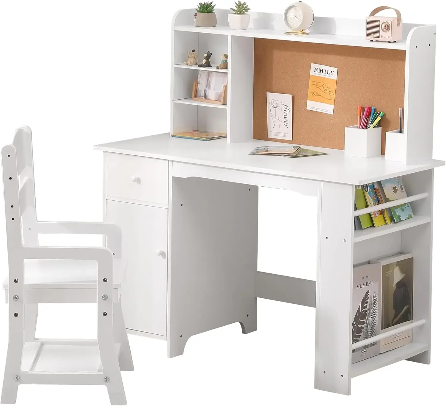 White Study Desk and Chair Set with Bookshelf, Bulletin Board, and Cabinets - Ideal for Boys and Girls Ages 3-8