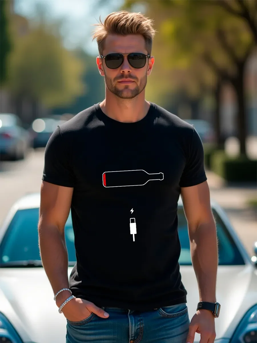 تي شيرت قطني من Wine Humor - تي شيرت برسومات شحن زجاجة النبيذ المضحكة - قميص أسود أنيق لعشاق الكحول وعشاق الفكاهة