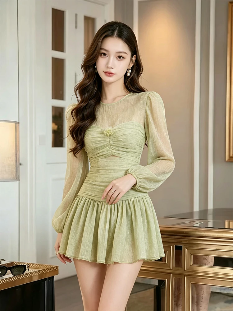 

Elegant Green Long Sleeve Dress Women's High Waist Slimming Skirt Gentle Style Fashionable Simple A-Line Dress for Date And D...