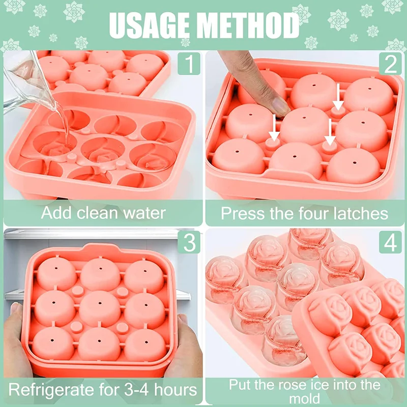 3D Rose Ice Molds Kitchen 1.3 Inch Small Ice Cube Trays Make 9 Grids Cute Flower Shape Ice Silicone Rubber Fun Ice Ball Maker