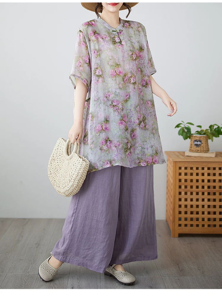 

Summer Loose Casual Chinese Ethnic Style Printed Mid-Length Slit Top Wide Leg Pants Cotton Linen Two-Piece Set Women