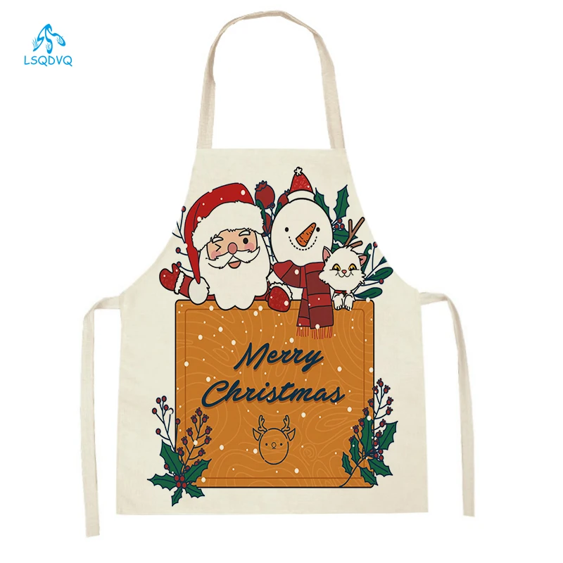 Adult Kids Merry Christmas Linen Sleeveless Kitchen Aprons Animal Santa Claus Elk Snowman Cooking Pinafore Baking Waist Bib