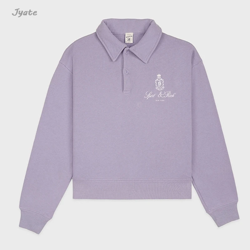 Letter Print Cotton Sweatshirts for Women Turn Down Collar Chic Short Top Casual Sports Pullover Purple Fashion Fall Winter 2024