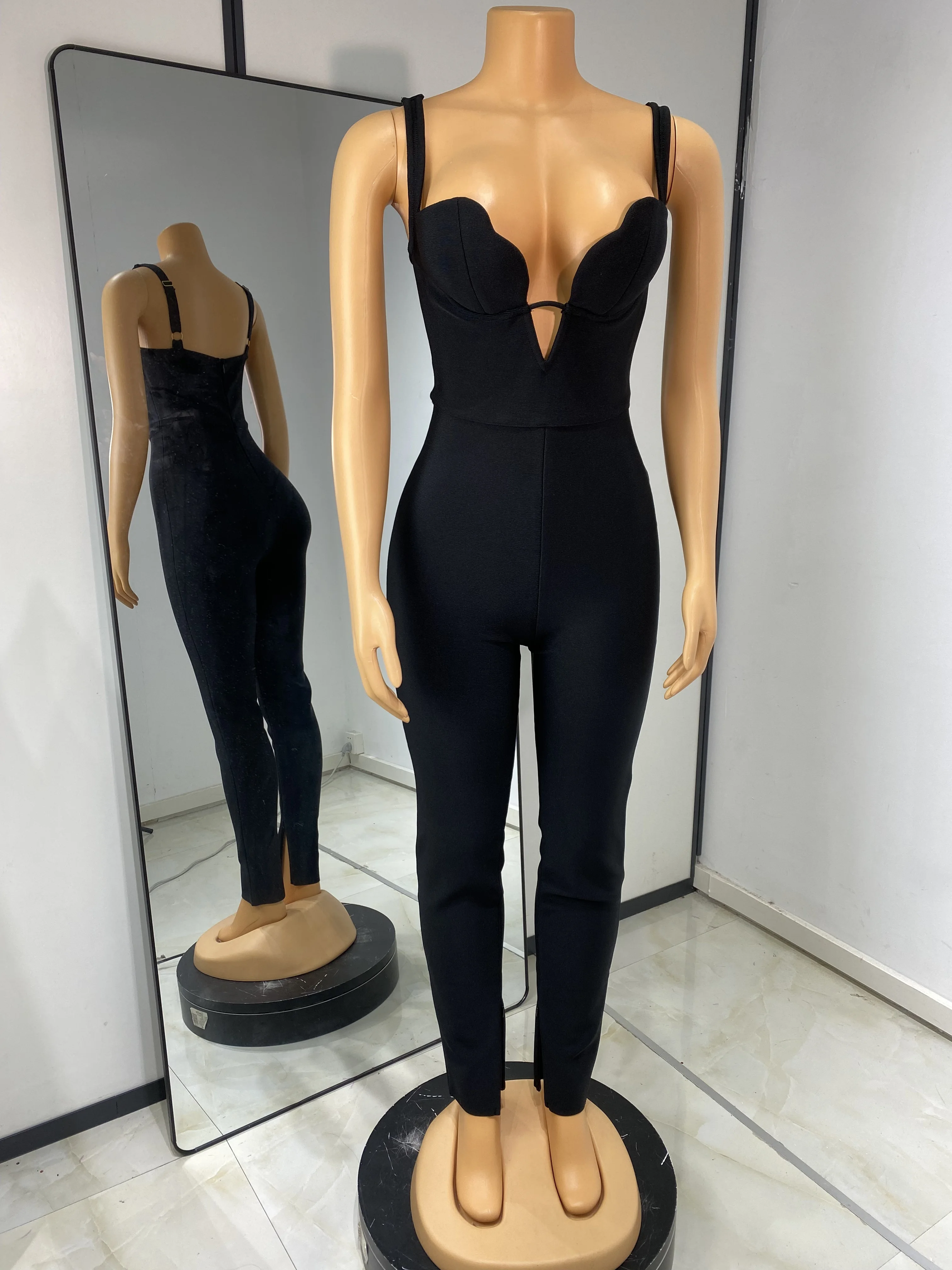 

Women Black Bandage Jumpsuits Spaghetti Strap Deep V Neck Bodycon Elastic High Street Evening Club Party Rompers Wholesale