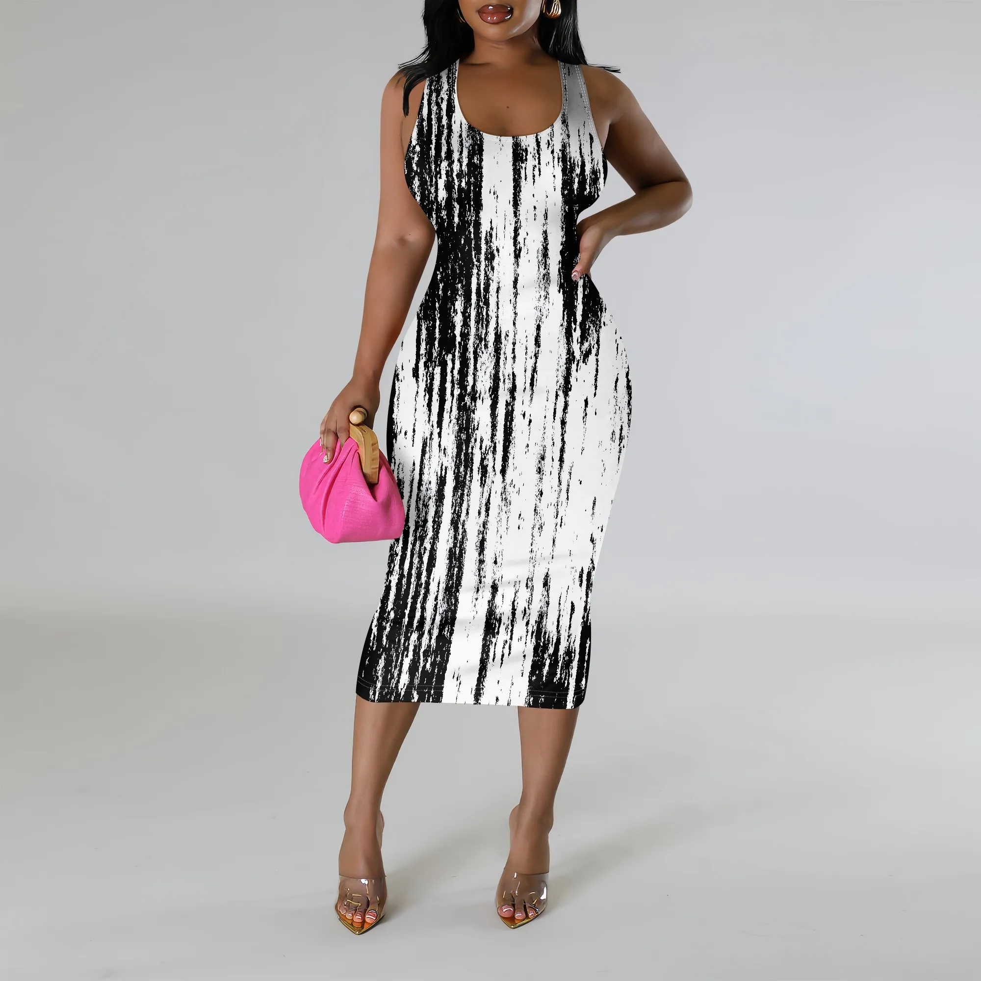 Sleeveless Bodycon Dress, Abstract Print Midi Dress, Summer Casual Wear, Party Clubwear, S-3XL