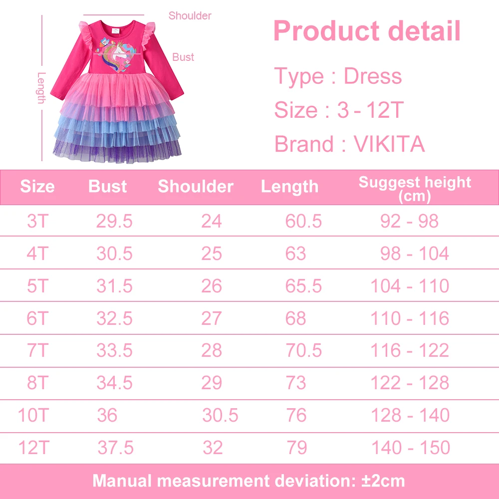 VIKITA Neue Mädchen Einhorn Rosa Kleid Kinder Layered Mesh Tüll Tutu Prinzessin Kleider Kinder Abendkleid Langarm Herbst Frühling Kleid – Detail 1