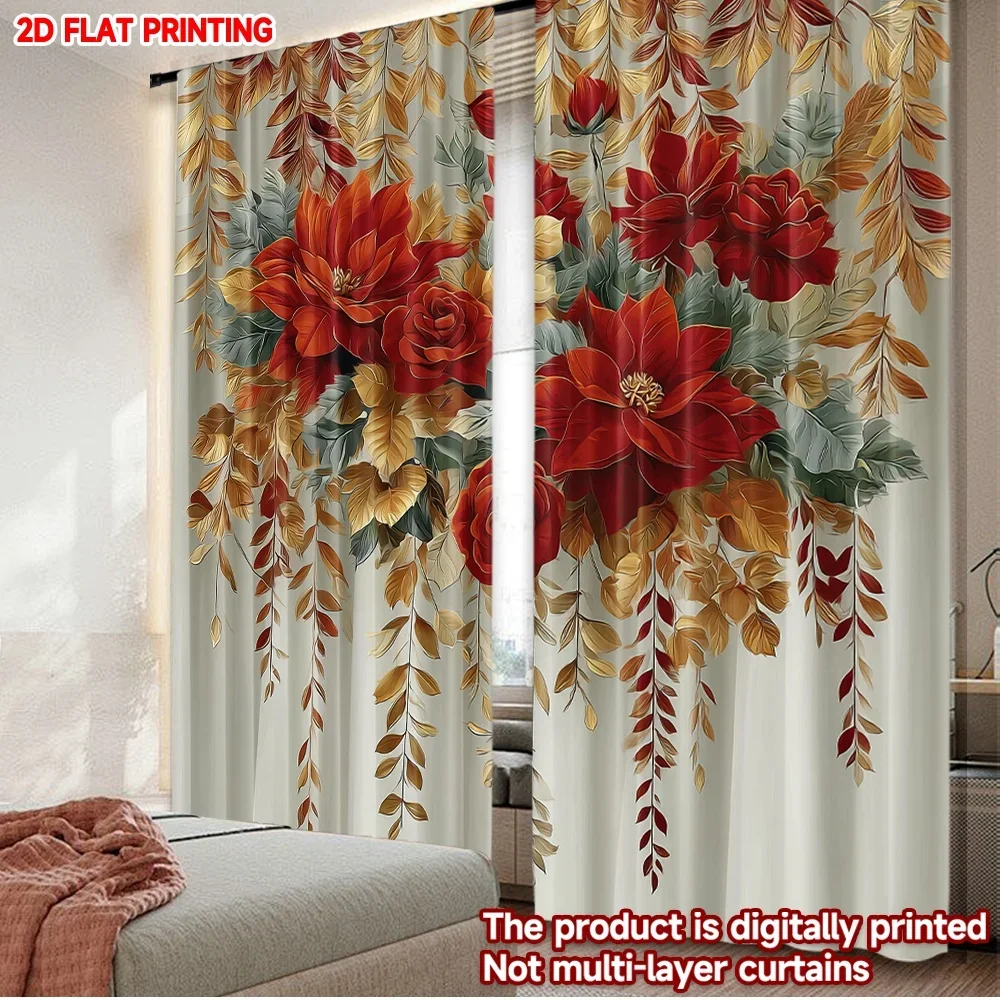 2pcs Red Yellow Floral Curtains  Digital Printing, Bright Blossom with Green Leaves Pattern Modern Window Decor for Living Room