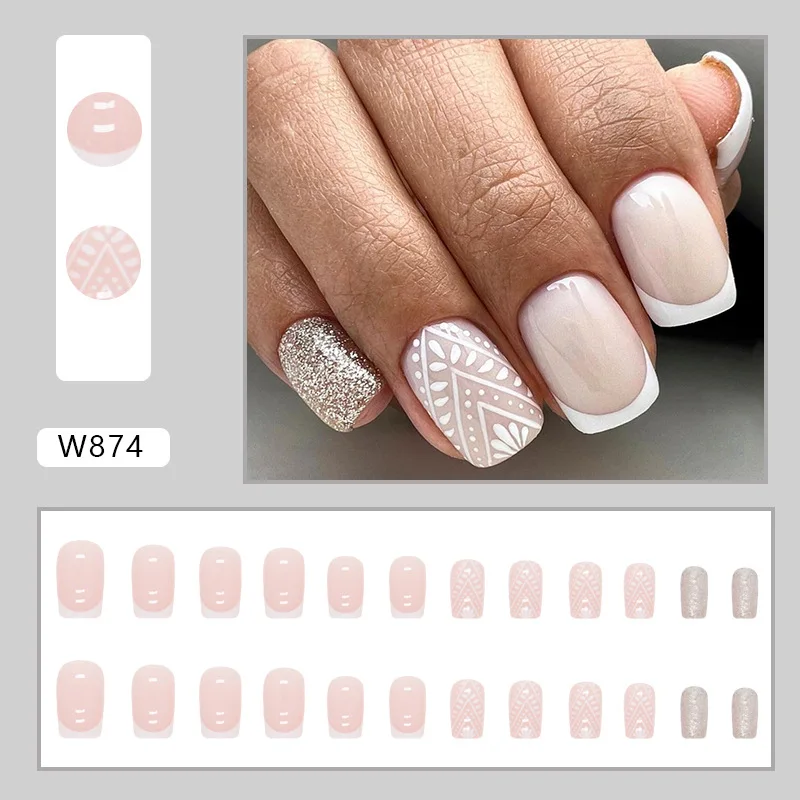 

24pcs Baroque Press-On Nails - White Dreamcatcher Border & Subtle Glitter Medium Square Shape (Multi Sizes)