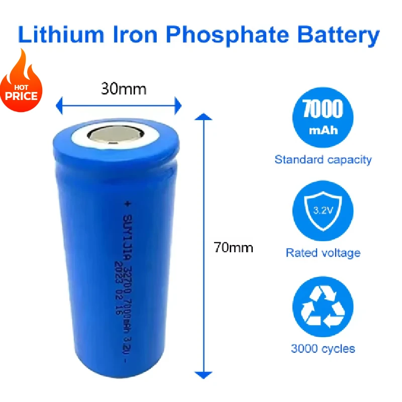 New Lifepo4 3.2V 7000mAh 32700 Large Capacity 3C-5C Discharge Long Cycle Life Rechargeable Battery for DIY Solar Energy E-bike