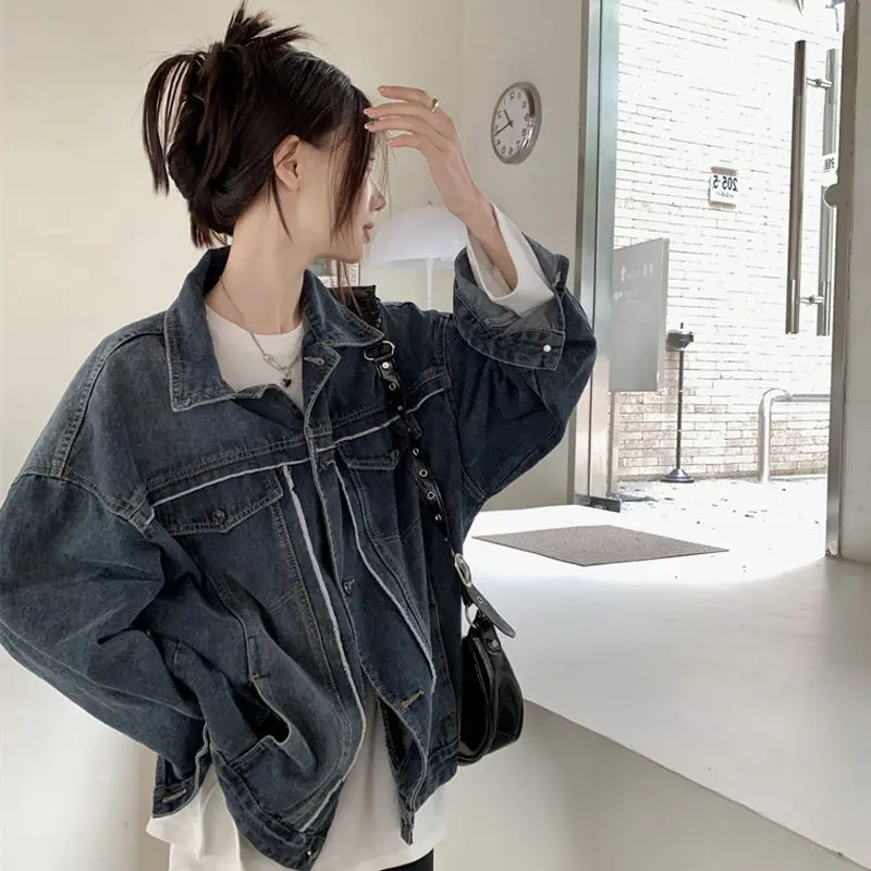 2023 Spring Autumn Streetwear Short Denim Jacket Women Lapel Single Breasted Harajuku Long Sleeve Tops Clothes Jean Coat Outwear