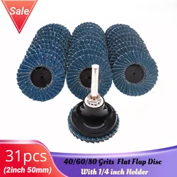 31pcs 2Inch Zirconia Alumina Flat Flap Disc Roll Lock Grinding Sandpaper Wheels with 1/4 Inch Holder 40/60/80 Grit