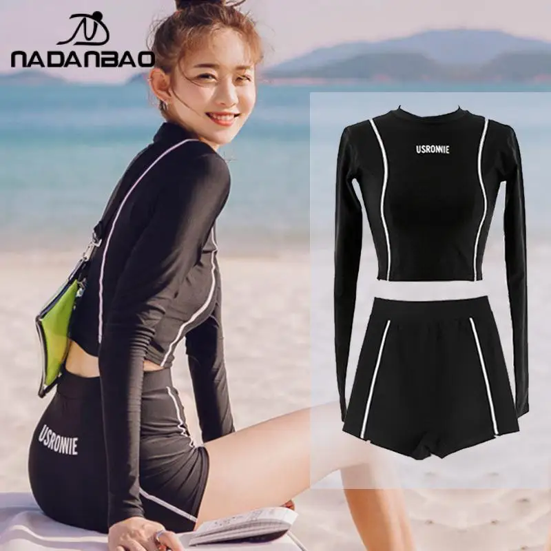 Nadanbao nero Sexy costume da bagno a due pezzi donna Slim a maniche lunghe moda surf Beachwear femminile tuta costume da bagno estate