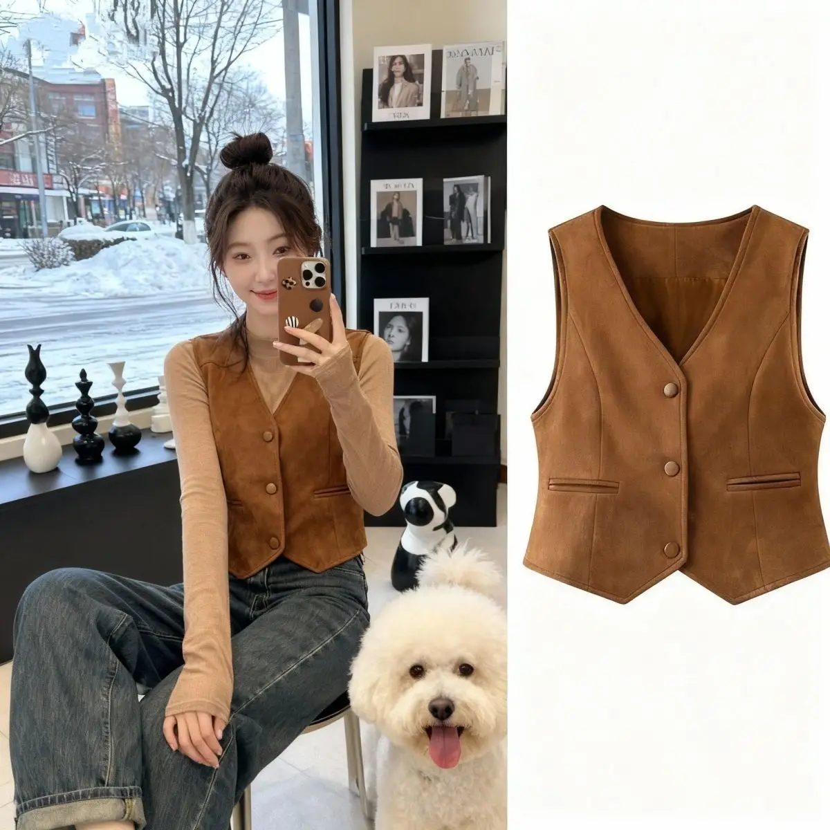 Slim Fit Suede Vest Women's Fashion Layering Outerwear Short Style V-Neck Single Button Closure  Color Commute Style