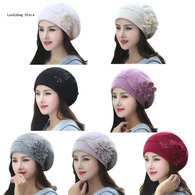 

Women's Bucket Hat Rabbit-Hair Blend Winter Beanie Hats Floral Rhinestones Decoration Size 7 Solid Colors