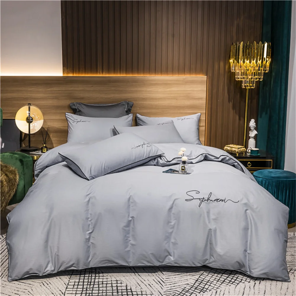 Svetanya Solid Cotton Embroidery Bed Linens Hotel Home Bedding Sets Sheet Pillowcase Duvet Cover Set