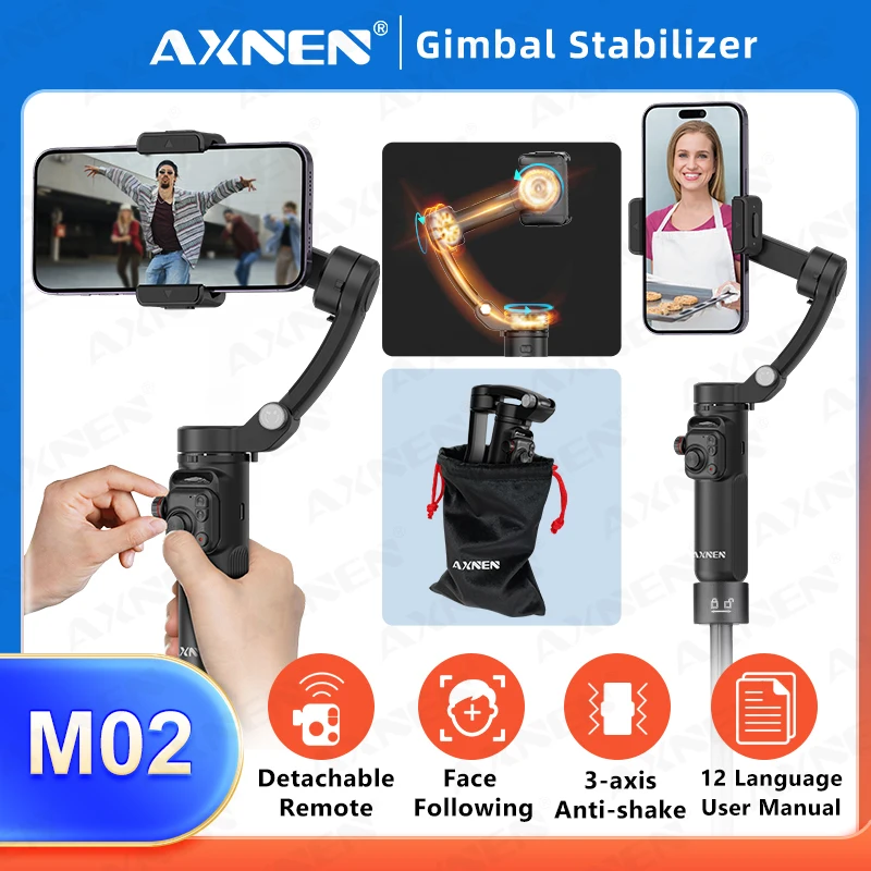 M02 Mobile Phone Stabilizer 3 Axis Foldable Handy Gimbal with Zoom Focus Wheel Removable Remote for iPhone Android Smartphone