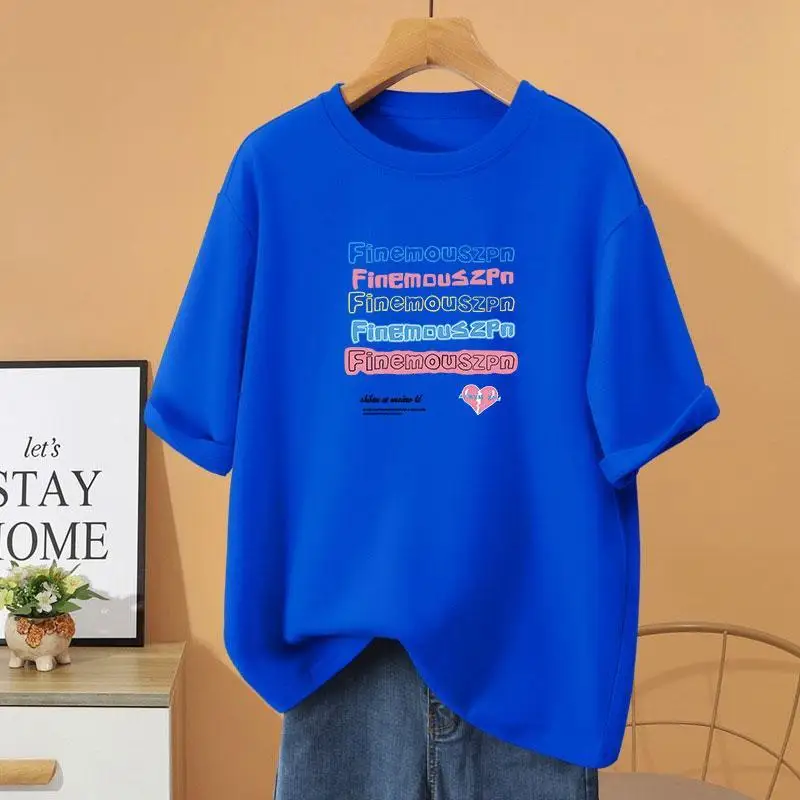 

Women Clothing 100% Cotton Pullovers Loose Casual Short Sleeve Top Tee Summer Y2k Letter Printed O-neck Basics T-shirt