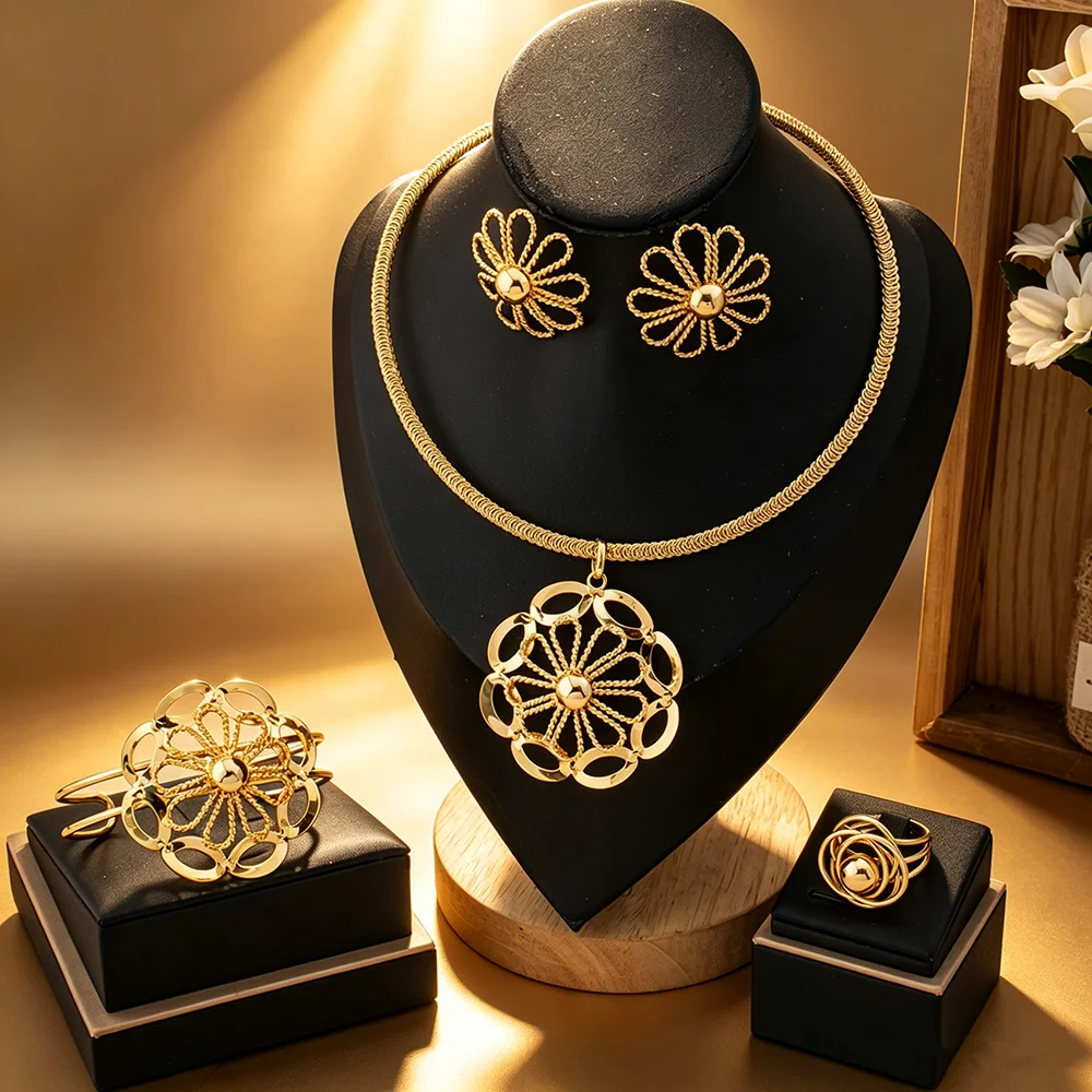 Luxury 18K Gold Plated Flower Jewelry Set 4Pcs Women Necklace Earrings Bracelet Ring Bridal Wedding Party Accessories Gift