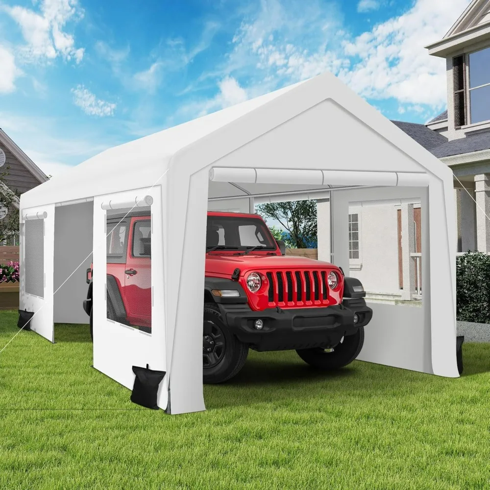 

10' x 20' Heavy Duty Carport Tent -Outdoor Car Canopy with Roll-up Side Doors & Windows, Portable Garage with 4 Sandbags for Car