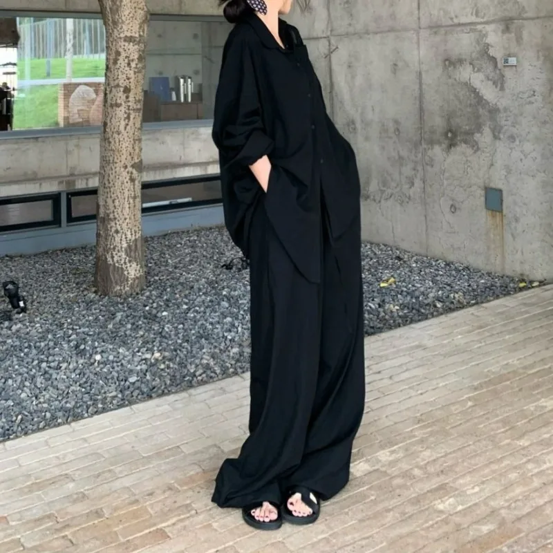 Temperamento blanco Polo Collar camisa Top Slack traje ropa de mujer moda de verano Casual pantalones de pierna ancha conjunto de dos piezas 2025