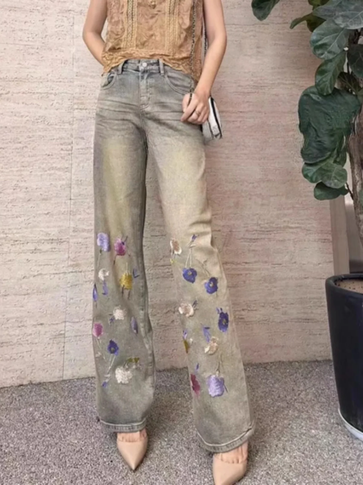

High Waist Straight Leg Jeans Floral Waed out Trendy Spring New Arrival Women's Casual Wide Leg Pants Antibacterial