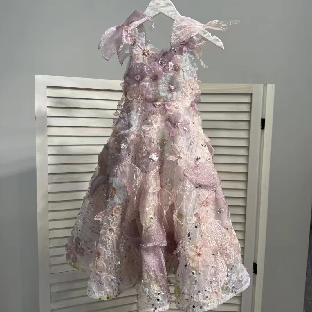 تخصيص 100% صور حقيقية البيانو فتاة زهرة الدانتيل فستان طويل 1st عيد ميلاد ثوب حفلة مهرجان #3