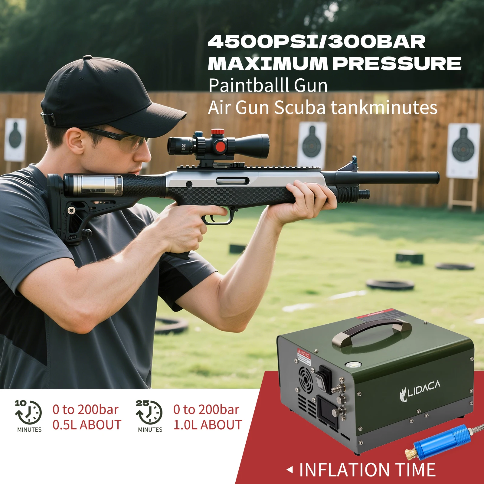 LIDACA 4500Psi 300bar Pcp ضاغط 110 فولت 220 فولت محول 12 فولت 30Mpa اطلاق النار مضخة مسدس هواء الغوص المدمج في مصدر الطاقة