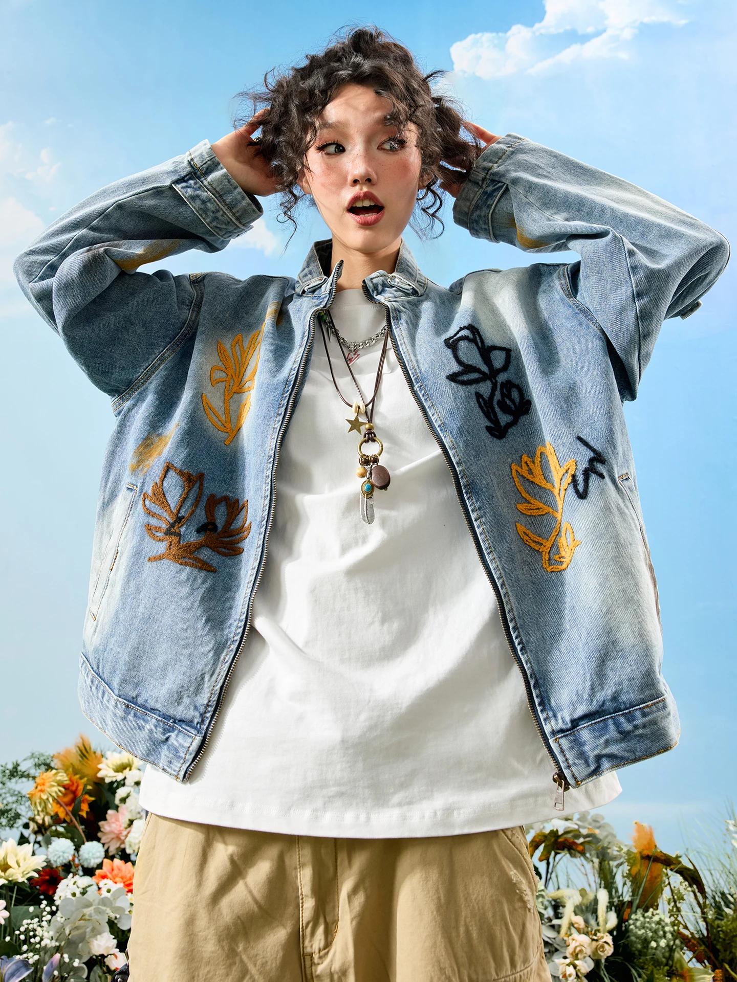 

Nuthink Floral Embroidery Denim Jaet Men's Retro American Sle Winter New Arrival Loose Fit Youthful ular Cotton Polyes...