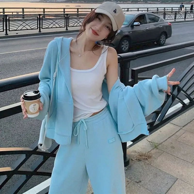 Women Zip Up Hoodies+Sweatpants Set Korean 2023 New Women\'s Tracksuit 2 Piece Sportswear Female Loose Casual Running Clothes