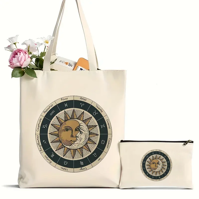 

2Pcs Retro Twelve Constellations Print Shoulder Bag, Classic Vintage Canvas Shoulder Shopping Handbag, Lightweight Bag For Daily